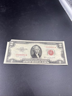 1953 * Star B $2 USN Red Seal United States Note CH VF Details Corner Tear #888
