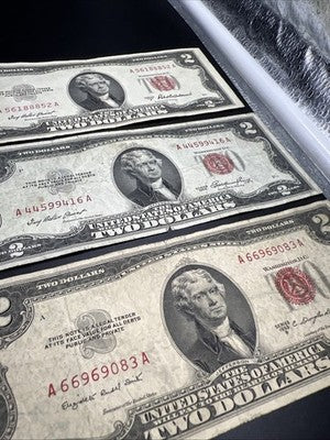 Lot of 6 1953 1963 $2 USN Red Seal Legal Tender Bills VG Very Good Circ #74