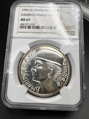 1995 Denmark Silver 200 Kronor Queen Margrethe II Anniversary NGC MS67