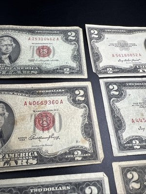Lot of 6 1953 1963 $2 USN Red Seal Legal Tender Bills VG Very Good Circ #74