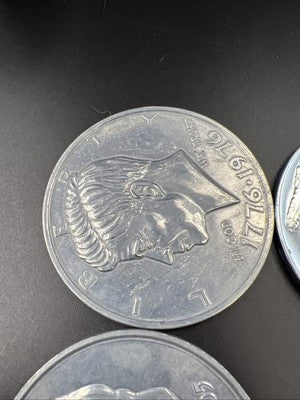Lot of 4 Used Large 3 Inch Novelty Pewter Coin/Coaster/Paperweight Kennedy Ike +