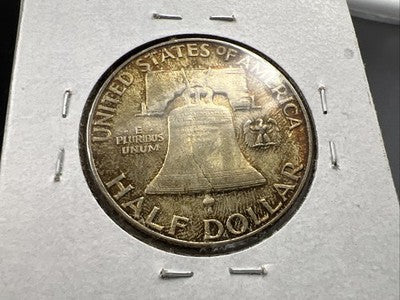 1950 D Franklin Half Dollar Silver Coin Choice AU About UNC Nice Amber Toning