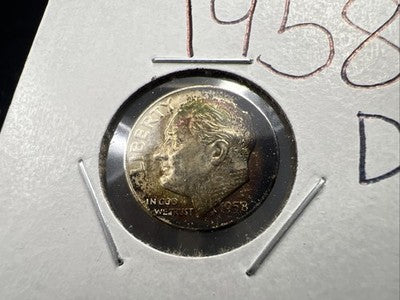1958 D 10c Roosevelt Silver Dime Coin Neat Toning Toner CH BU UNC #a