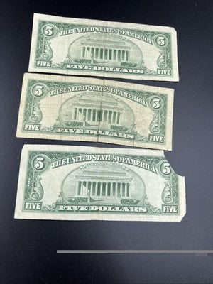 Lot of 3 Very Circulated 1963 $5 USN United States Notes One Damaged #596