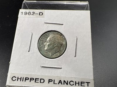 1962 D 10c Roosevelt Silver Dime Coin Clipped Planchet Major Error XF Detail