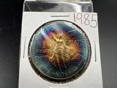 1985 Mexico Libertad 1 Oz Silver Coin Monster Toning Toner PQ Blue Rainbo Gem BU