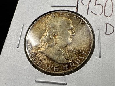1950 D Franklin Half Dollar Silver Coin Choice AU About UNC Nice Amber Toning