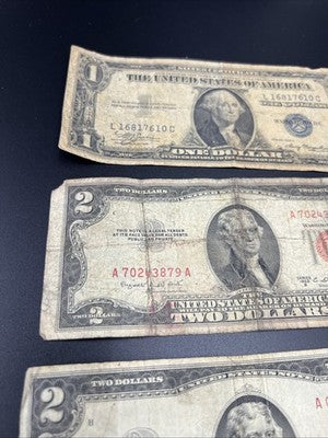 Very Circulated Note Lot 1957 $1 and 1953 $2 USN Red Seal Damaged Ugly #7