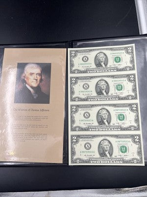 4 Note Souvenir Sheet 2009 US $2 Two Dollar FRN Federal Reserve Notes in Booklet