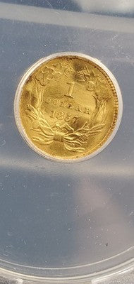 1857 Type 3 Princess Head Gold G$1 Dollar Coin ANACS AU Details Damaged Bent