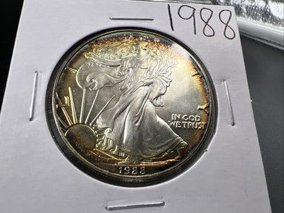 1988 1 Oz ASE American Silver Eagle Coin Gem BU UNC Halo Toning Toner SK#a