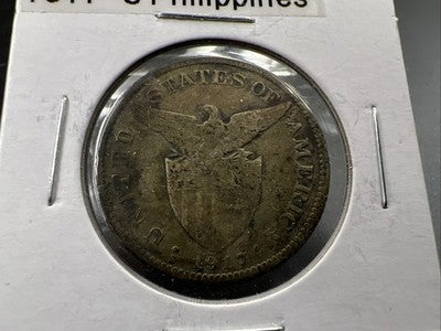 1917 S Philppines 50 Centavos Silver Coin Good / VG Very Good Circ