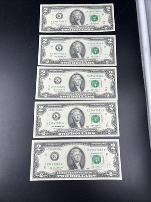 5 Consecutive 2013 $2 FRN Federal Reserve Notes UNC Uncirculated #80