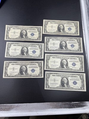 Lot of 7 1935 $1 One Dollar Silver Certificate Blue Seal Notes Fine / VF Circ #7