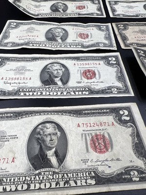 Lot of 10 1953 1963 $2 USN Red Seal Legal Tender Bills VG Very Good Circ #871