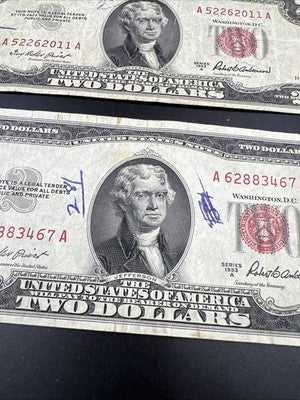 Lot of 6 1953 $2 USN Red Seal Legal Tender Bills Very Circulated #467