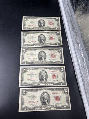 Lot of 5 1953 B $2 USN United States Notes CH VF Very Fine Circ #155