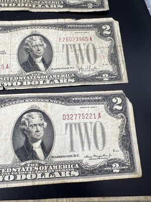 Lot of 4 1928 $2 USN United States Note Red Seal Bills Very Circulated #922