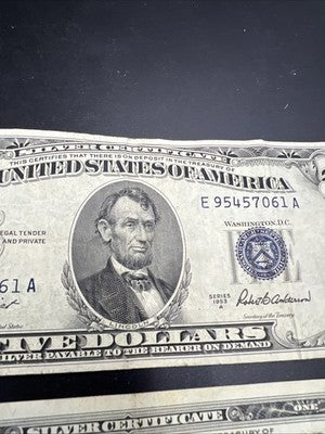2 Note Lot 1957 1953 $1 & $5 Silver Certificates VG / F conditions #253