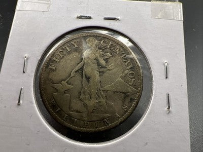 1917 S Philppines 50 Centavos Silver Coin Good / VG Very Good Circ