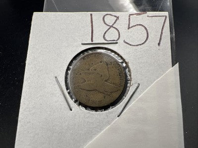 1857 1c Flying Eagle Cent Penny Coin AG Details Very Circulated Rev Damage SK#A