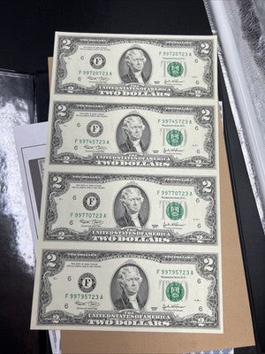 4 Note Souvenir Sheet 2003 US $2 Two Dollar FRN Federal Reserve Notes in Book #D