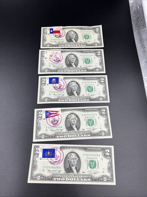 Lot of 5 Duluth GA 1976 Postal Stamped $2 Two Dollar FRN Notes CH AU / UNC