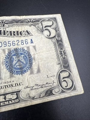 1934 A $5 Five Dollar Silver Certificate Choice VG Very Good Circ