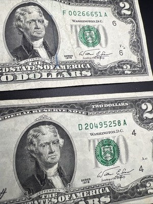 Lot of 4 Very Circ 1976 $2 FRN Federal Reserve Notes Neat Serial #s #44414499