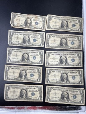 Lot of 10 1957 $1 One Dollar Silver Certificate Blue Seal Notes G / VG #017