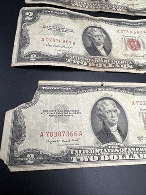 Very Circulated Note Lot 1957 $1 and 1953 $2 USN Red Seal Damaged Ugly #7