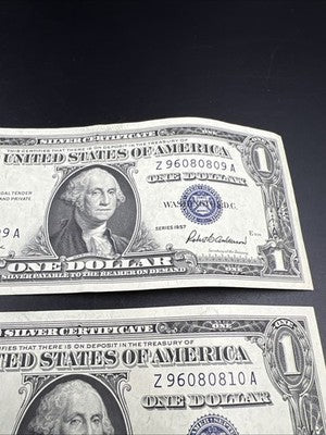 2 Consecutive 1957 $1 One Dollar Blue Seal Silver Certificates CH VF #10