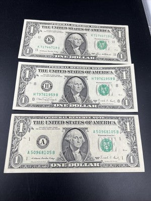 Lot of 3 XF EF 1988 $1 FRN Federal Reserve Notes #105