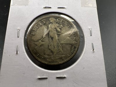 1917 S Philppines 50 Centavos Silver Coin Good / VG Very Good Circ
