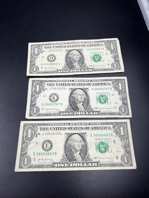 Lot of 3 2017 $1 Low Repeat Serial # FRN Notes #0000767 #0300800 #3000663 Circ