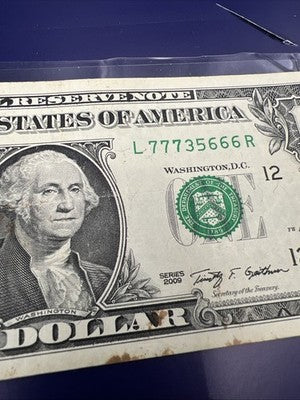 2009 $1 FRN Federal Reserve Note Lucky Serial Number 77735666 Fine Details