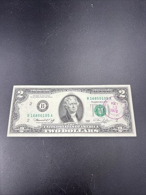 1976 $2 Two Dollar Bicentennial Bill Brookyln NY Postmarked (no Stamp) UNC #105