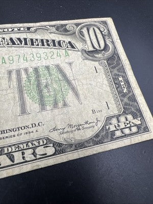 1934 A $10 FRN Ten Dollars Federal Reserve Note VG Circ #324