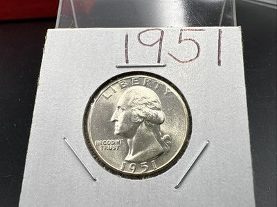 1951 P 25c Washington Silver Quarter BU UNC Die Crack On Forehead