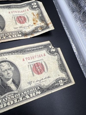 Very Circulated Note Lot 1957 $1 and 1953 $2 USN Red Seal Damaged Ugly #7