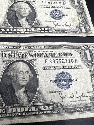 2 Note Lot 1935 D Wide & Narrow Margin US Silver Certificate Variety Set VG Circ