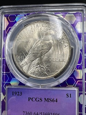 1923 P Peace Silver Dollar Coin PCGS MS64 CH BU UNC Purple holder Some Toning