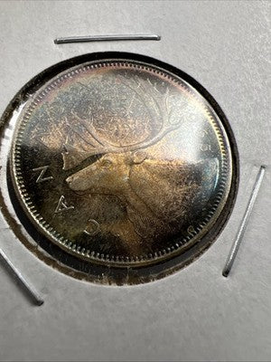 1965 Canada 25 Cents Silver Coin PQ Toning Toner Uncirculated