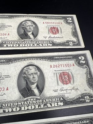 Two Dollar Bill Collector's 3 Note Lot 1953 USN Bills and 1976 FRN Bicentennial