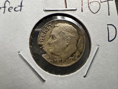 1964 D 10c Roosevelt Silver Dime Coin Major Planchet Defect XF / AU Circ