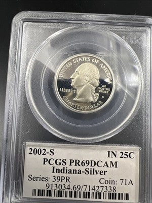 2002 S Proof Silver Indiana Statehood Quarter Coin PCGS PR69 DCAM #338