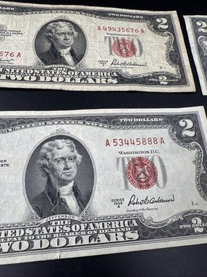 Lot of 10 1953 1963 $2 USN Red Seal Legal Tender Bills Very Circulated #353
