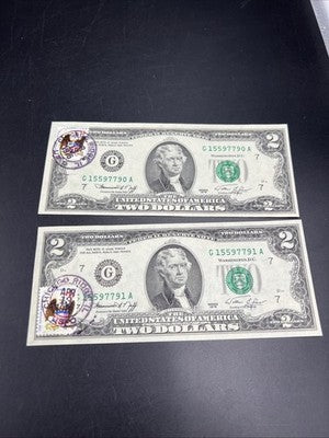 2 Consecutive 1976 $2 Bicentennial Postal Two Dollar Bill Chicago Ridge IL UNC A