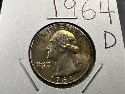 1964 D 25c Washington Silver Quarter Coin BU UNC Neat Toning Toner #a