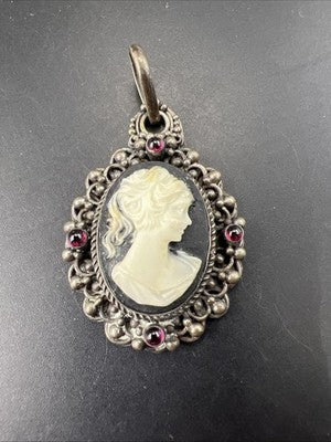 Carved Antique Wax Cameo in Sterling Silver w/ Stones Necklace Pendant 17.3 Gs